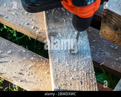 Making holes in a pine beam using an electric drill with wood drilling bit Stock Photo