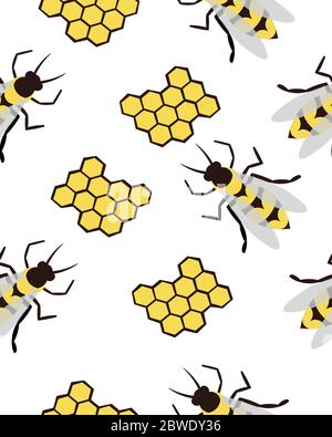 Bees, honey and honeycombs. Summer seamless pattern. Design for postcards, prints, clothes. Registration of medicines and cosmetics. Stock Vector