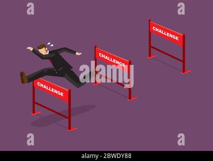Businessman jumping over series of hurdles with text Challenge on them. Vector cartoon illustration for concept on overcoming challenges. Stock Vector