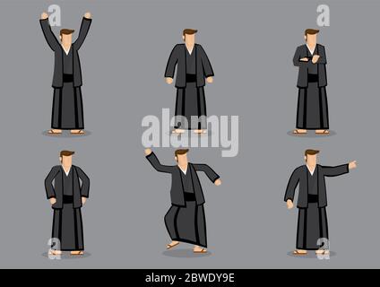 Set of six vector cartoon illustration of a Japanese man wearing black yukata and slippers in different poses and gestures isolated on grey background Stock Vector
