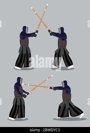 Two set of vector illustration of two characters wearing black protective outfit and masks and fighting  with Kendo bamboo swords isolated on grey bac Stock Vector