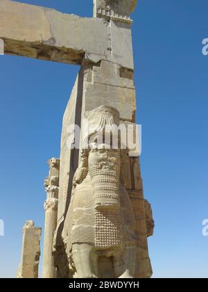 Shiraz, PERSEPOLIS, IRAN: The great entrance to All Nations Gate (Xerxes Gate) in Persepolis archaeological site with giant statues of Lamassu protect Stock Photo