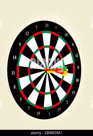 Many perfect shots of darts at the target darts of different colors with cream background Stock Photo