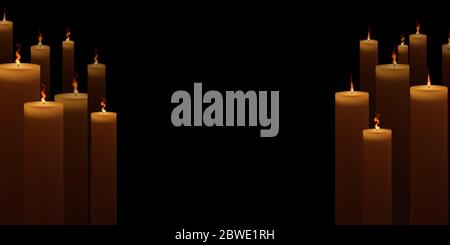 Realistic candles are on fire. Vector illustration. Candlelight on black background. Stock Vector