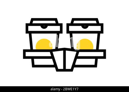 Two take away paper coffee cups in carton holder on white background. Take away coffee cup icon. Disposable cup vector illustration. Coffee to go icon in flat style Stock Vector