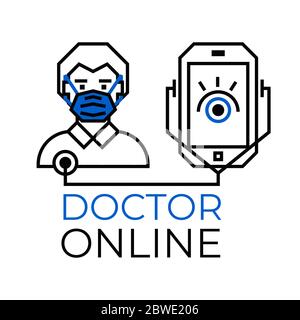 Doctor online sing. Doctor through the phone screen using stethoscope checks health. Stock Vector