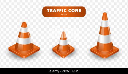 Traffic cones collection. Isometric set of icons for web design isolated on white background. Realistic vector illustration. Stock Vector