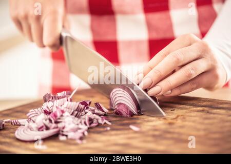 Detail of female hands cutting a red onion on a chopping board Stock Photo