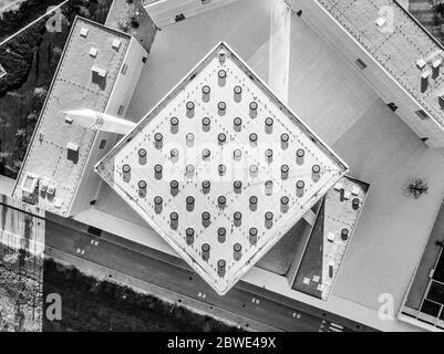 Top aerial view of modern archiecture of islamic religious cultural centre in Ljubljana, Slovenia, Europe. Black and white image Stock Photo