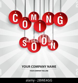 Coming Soon Banner Red Color of 3D Hanging Plates on Grey Background for Promotional Advertise. Stock Vector