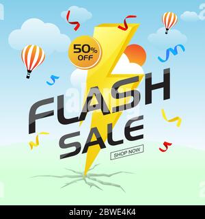 Flash Sale with thunder, hot air balloon promotional business discount banner promotion template Stock Vector