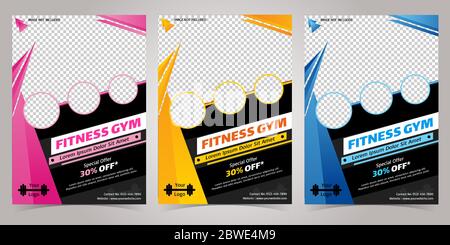 Pink, Yellow and Blue Color fitness body building and gym flyer template for four Photo Section Stock Vector
