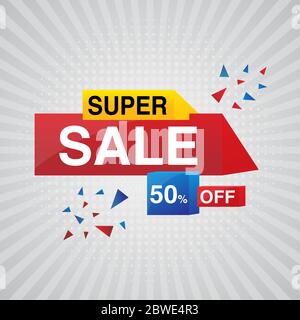 uper Sale colorful modern Banner design with 50% off template on grey background Stock Vector