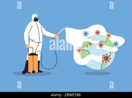man wears protective suit, disinfection by coronavirus or covid 19 vector illustration design Stock Vector