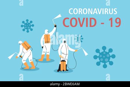 men in protective suit or clothing, disinfection by coronavirus or covid 19, preventive measures vector illustration design Stock Vector