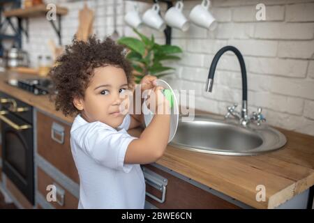 Pretty curly-haired kid washing the plate and looking serious Stock Photo