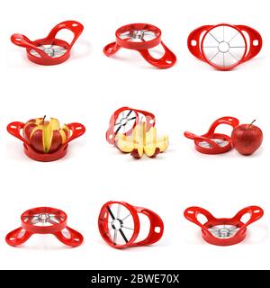 Nine Red device for slicing apples isolated on white background. High resolution photo. Full depth of field. Stock Photo