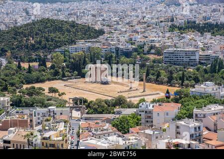The Temple of Olympian Zeus, Olympieion or Columns of Olympian Zeus. High angle view from Acropolis hill, God temple monument and Athens city, Attica, Stock Photo