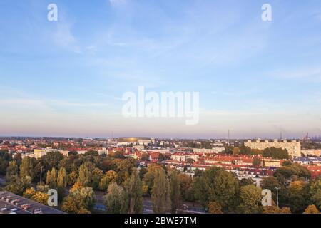 Gdansk, Poland- 6 October 2018: Panoramic view of the Wrzeszcz - Gdansk district and Energa football stadium Stock Photo