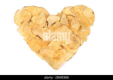 Delicious potato chips heart shape isolated on white background. High resolution photo. Full depth of field. Stock Photo