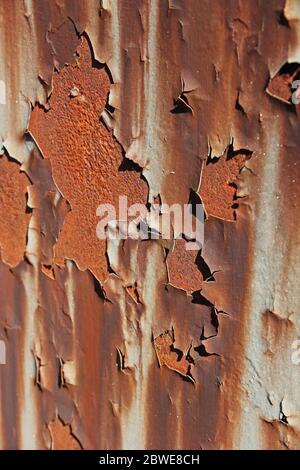 Peeling stained grey paint revealing rusty texture beneath Stock Photo