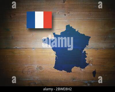 Map and flag of France on a wooden background, 3D illustration Stock Photo