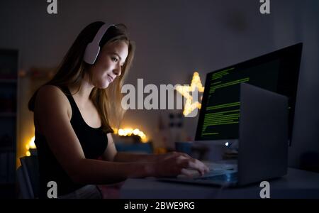 Young girl with computer sitting indoors, online chatting concept. Stock Photo