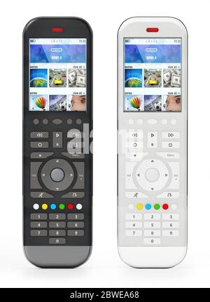 Generic modern smart TV remote controls with color display. 3D illustration. Stock Photo