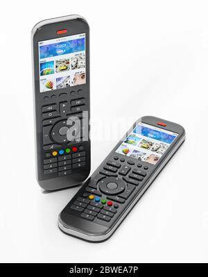 Generic modern smart TV remote controls with color display. 3D illustration. Stock Photo