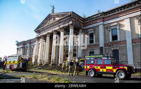 Crumlin Road Courthouse, North-West Belfast, Northern Ireland. 1st June 2020. Firefighters attend the historic Crumlin Road Courthouse after a fire was started late last night, the alarm was raised shortly after 3am, with numerous appliances including four pumps and one aerial appliance required to tackle the blaze. the fire is believed to have started started in the old courtroom of the building. Credit: C.Kinahan/Alamy Live News
