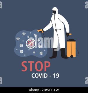 man in protective suit or clothing, disinfection by coronavirus or covid 19, preventive measures vector illustration design Stock Vector