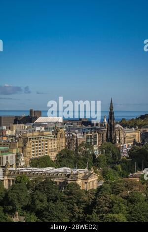 A view of Princess Street and Gardens in Edinburgh from the ramparts of Edinburgh Castle. Stock Photo