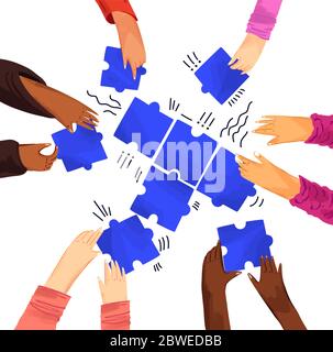 Hands of diverse people with puzzles vector illustration. Solving problems with team, making decisions. Hands assembling jigsaw puzzle, african and Stock Vector