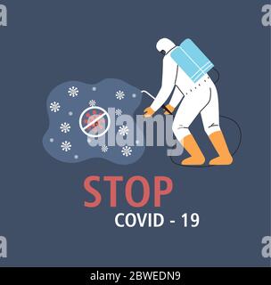 man in protective suit or clothing, disinfection by coronavirus or covid 19, preventive measures vector illustration design Stock Vector