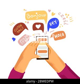 Learn and study language flat vector. Hand with phone and greetings on different languages in applicaton on phone screen. International communication Stock Vector
