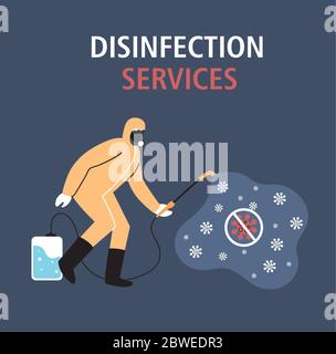 man in protective suit or clothing, disinfection by coronavirus or covid 19, preventive measures vector illustration design Stock Vector