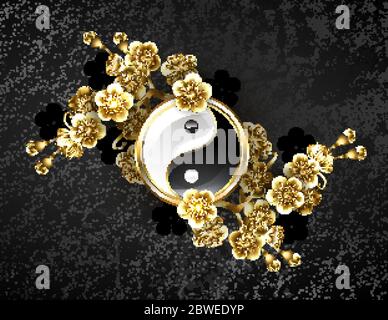 Jewelry symbol yin yang, decorated with branches of blossoming sakura in shiny gold on black textured background. Stock Vector