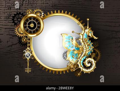 Antique, round banner with mechanical seahorse, antique watch with black dial and brass gears on brown wooden background. Steampunk style. Stock Vector