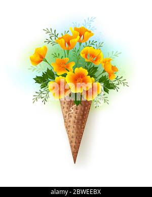 Artistically painted waffle cone with small bouquet of orange, California poppy on white background, painted with blue and green paint. Stock Vector