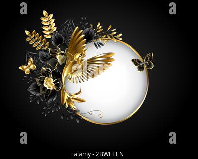 Round banner with jewelry, golden hummingbird on gray background, decorated with jewelry orchids with gold and black decorative branches. Stock Vector