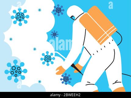 man wears protective suit, disinfection by coronavirus or covid 19 vector illustration design Stock Vector