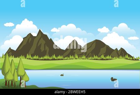 Mountains Hills Lake Green Nature Landscape Sky Stock Vector