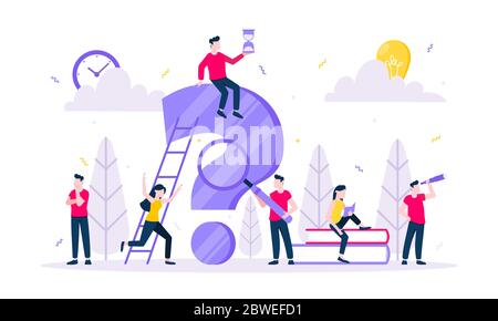 Q and A or FAQ concept with tiny people character with big question mark. Stock Vector