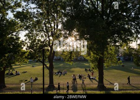 With the UK death toll reaching 38,161, a further 324 victims in the last 24hrs, and the government's pandemic lockdown still in effect,  Londoners enjoy the last moments of a summer evening in Ruskin Park, a south London green space, during the UK Coronavirus pandemic lockdown, on 29th May 2020, in London, England. Stock Photo