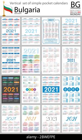 Bulgarian vertical set of pocket calendars for 2021 (two thousand twenty one). Week starts Monday. New year. Color simple design. Vector Stock Vector