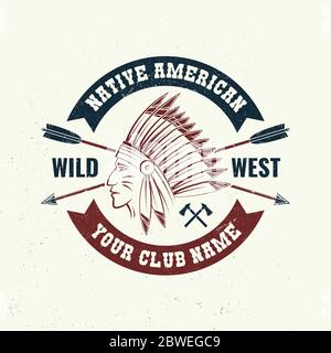 Native american indian warrior badge, t-shirt. Vector illustration. Concept for shirt, logo, print, stamp, tee with indian warrior. Vintage typography design with arrows and indian face silhouette. Stock Vector