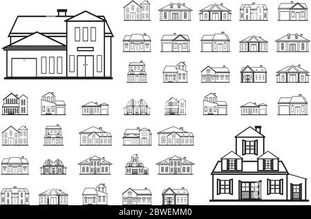 Facade House Real Estate Front View Line Art Outline Icon Set Stock Vector