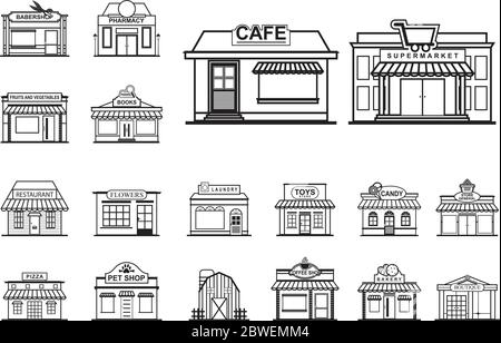 Facade Shop Store Front View Line Art Outline Style Icon Set Stock Vector