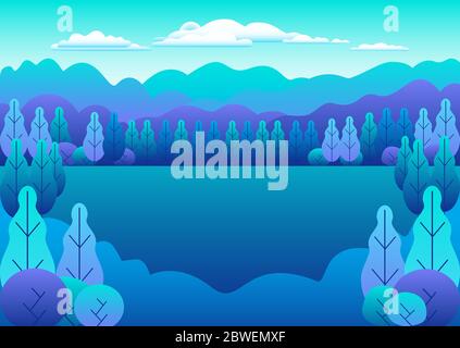 Hills and mountains landscape in flat style design. Beautiful bright field with grass, meadow and blue sky. Rural location in the forest, trees. Carto Stock Vector