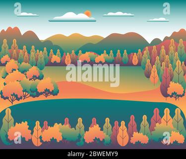 Hills and mountains landscape in flat style design. Beautiful bright field with grass, meadow, lake or river and sky. Rural location in the forest, tr Stock Vector